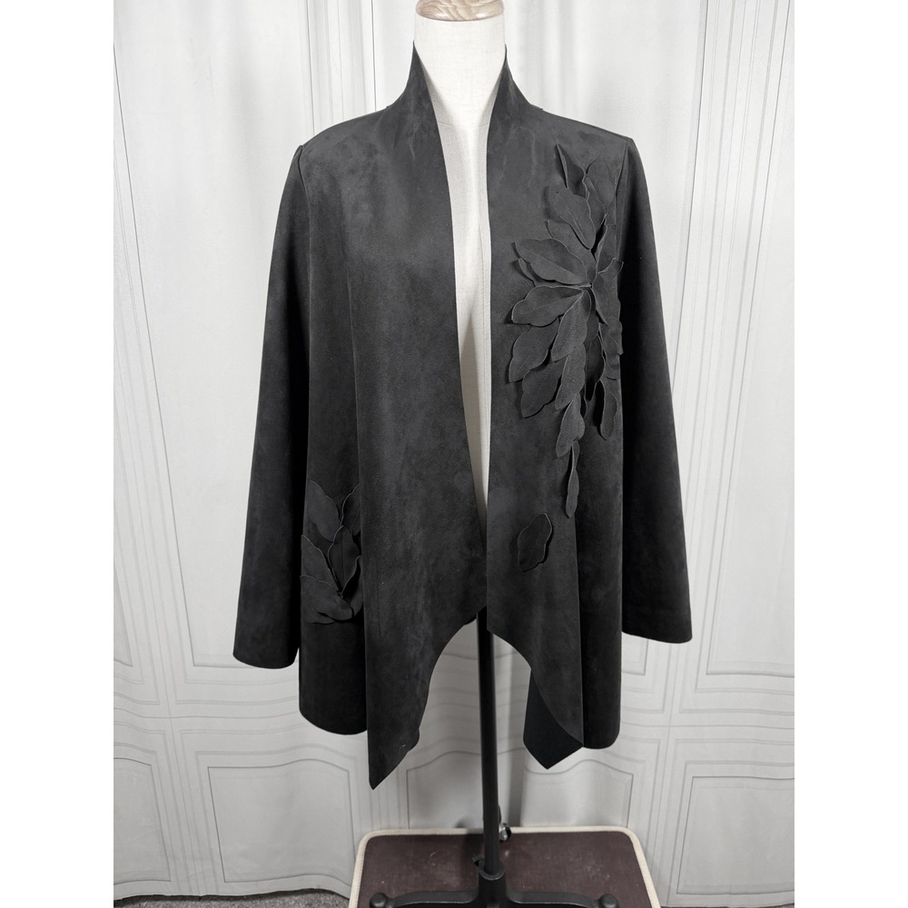 Joseph Ribkoff Black Faux Suede 3D Floral Applique Open Front Jacket 8